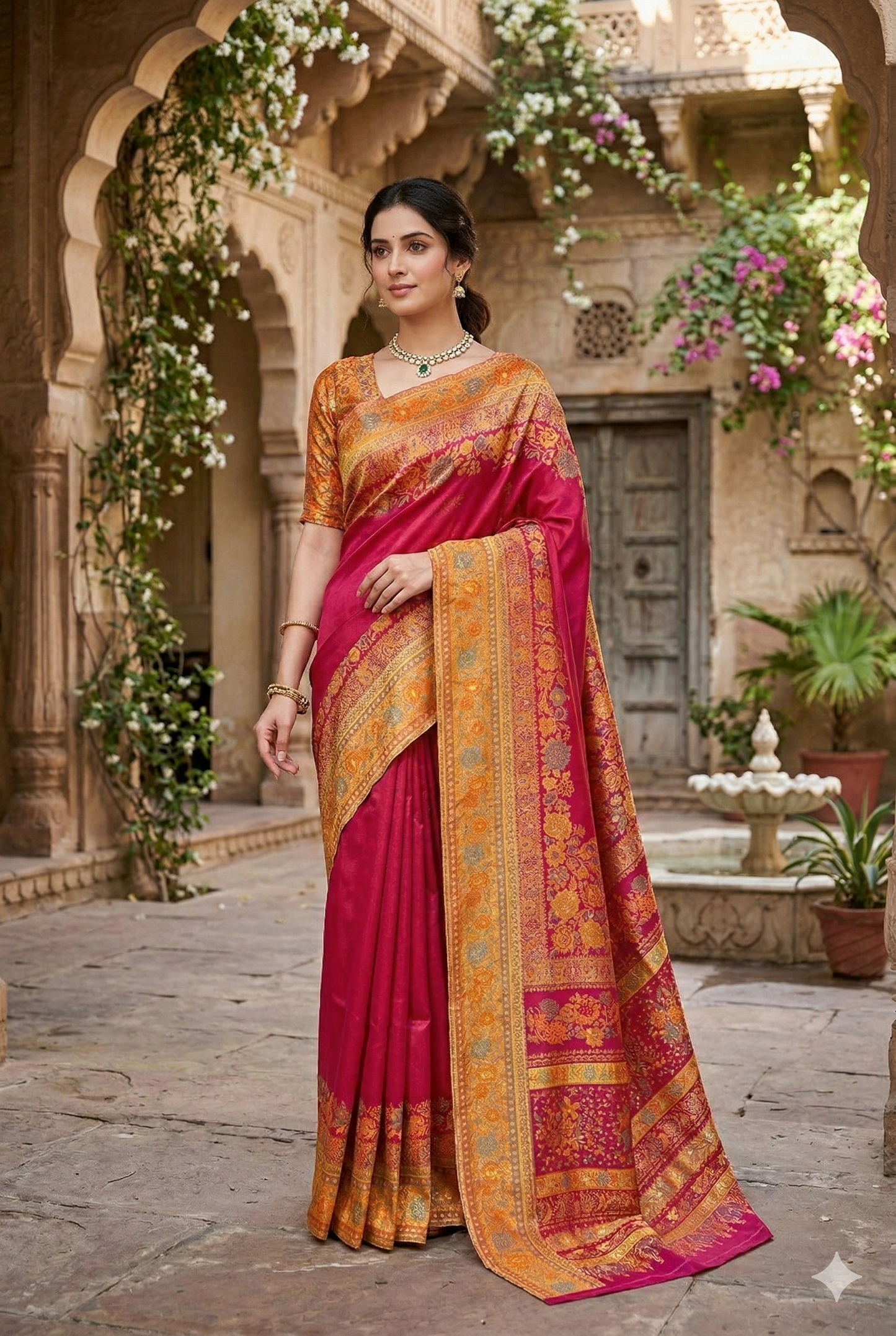 Magenta Pure Kani Handloom Silk Saree With Unstiched Floral Woven Blouse - Saarang Sarees