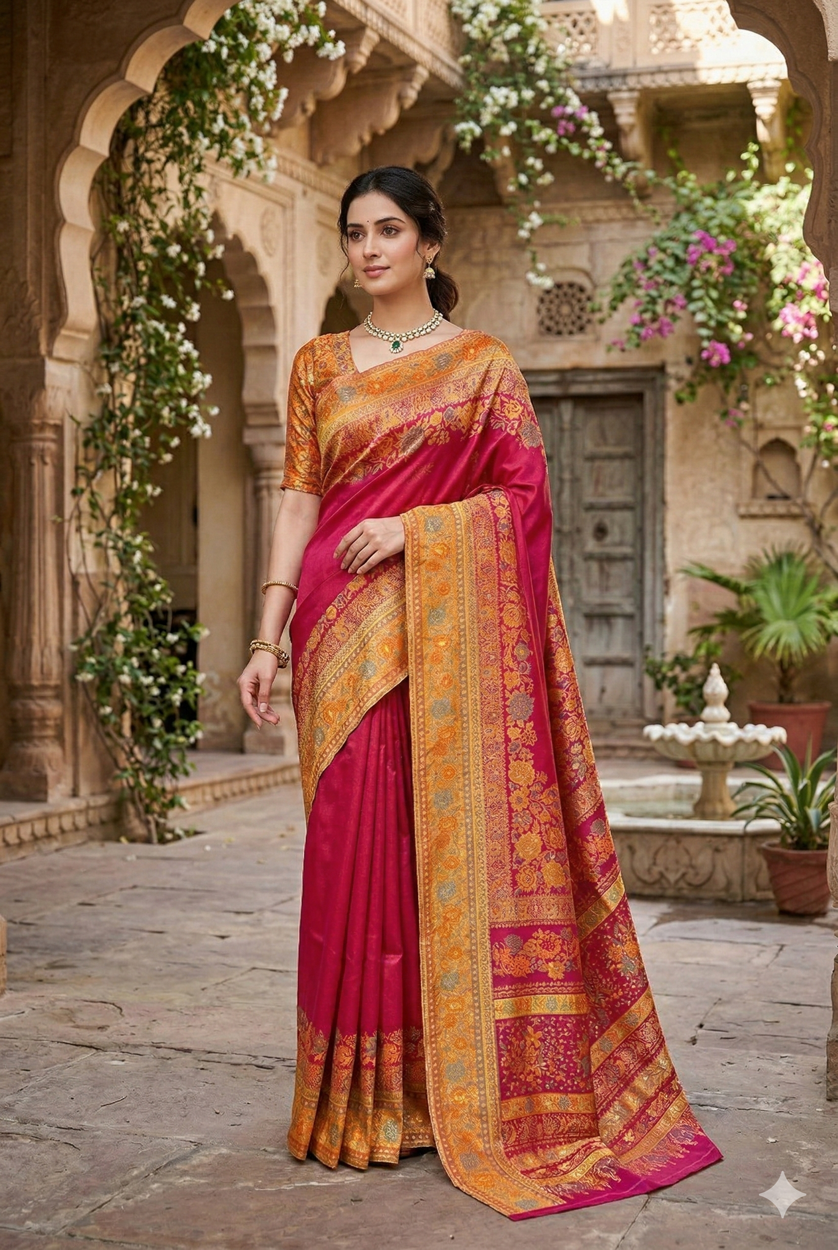 Magenta Pure Kani Handloom Silk Saree With Unstiched Floral Woven Blouse - Saarang Sarees