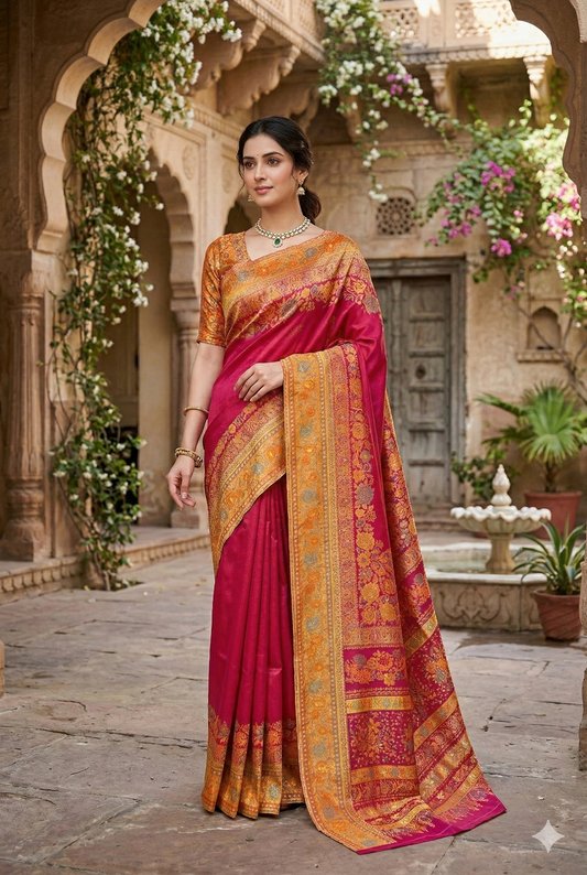 Magenta Pure Kani Handloom Silk Saree With Unstiched Floral Woven Blouse - Saarang Sarees