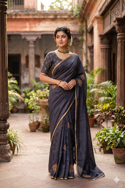 Dark Purple Tussar Zardosi Work Saree, With Unstiched Blouse