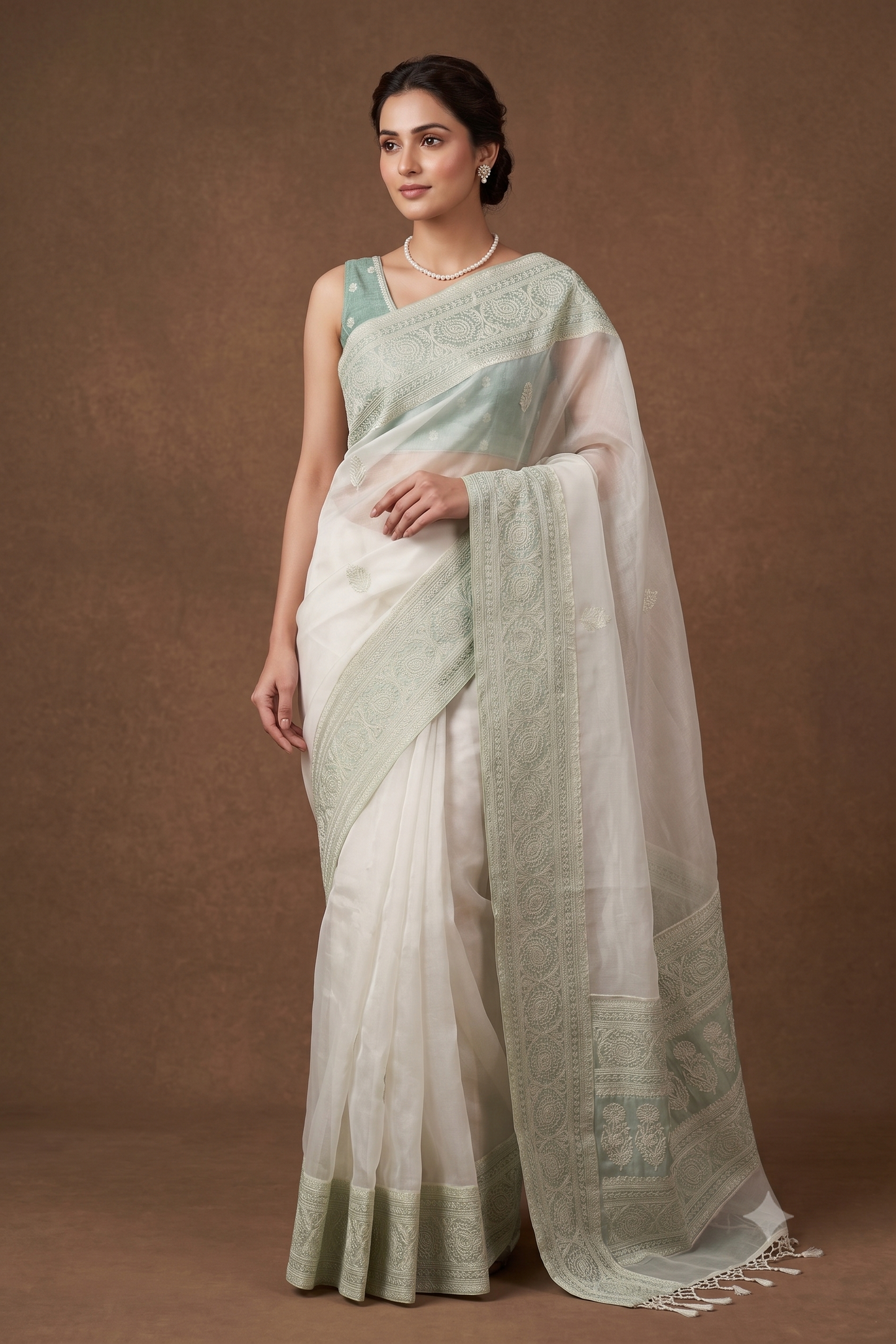 Off-White Organza Saree With Applique Work, With Unstiched Blouse