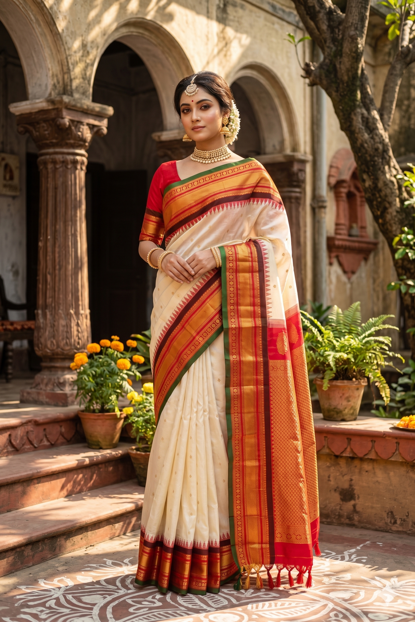 Off-White Gadwal silk saree from Saarang Sarees with vibrant traditional design and matching unstiched blouse, displayed on a hanger.