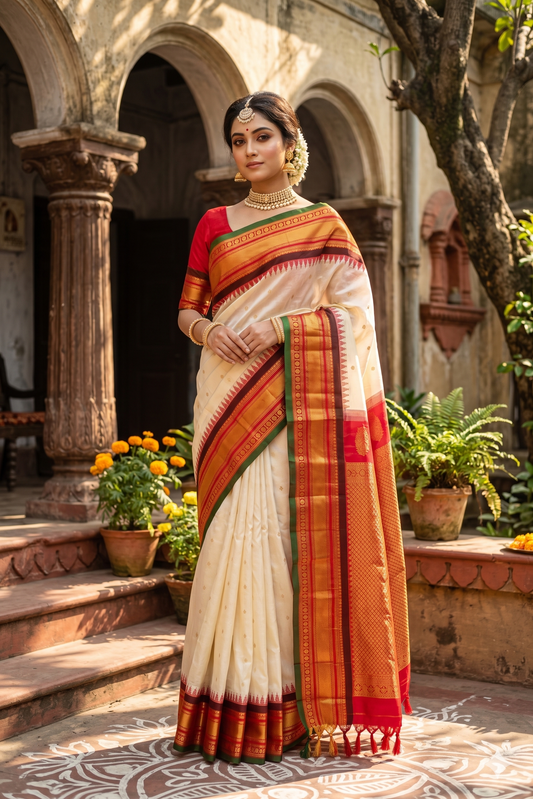 Off-White Gadwal silk saree from Saarang Sarees with vibrant traditional design and matching unstiched blouse, displayed on a hanger.