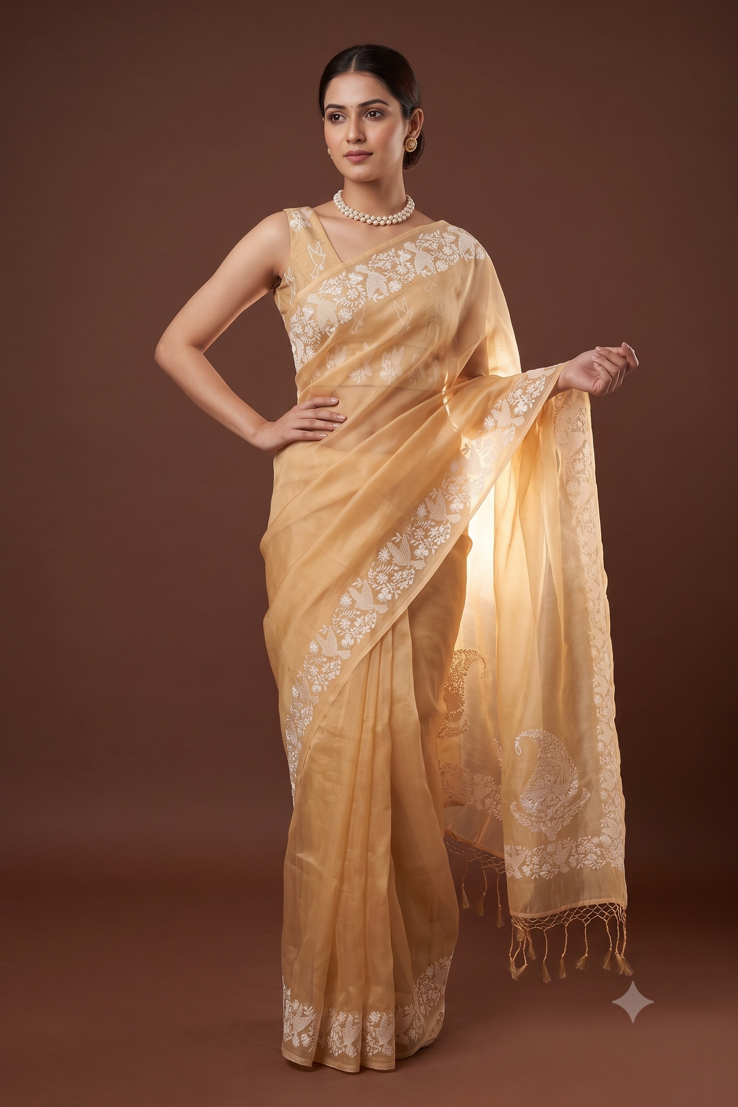 Yellow Organza Silk Resham Embroidery Saree, With Unstiched Blouse