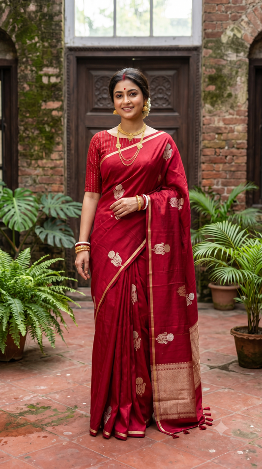 Maroon Mashru Silk Banarasi Handloom Saree, With Unstiched Blouse