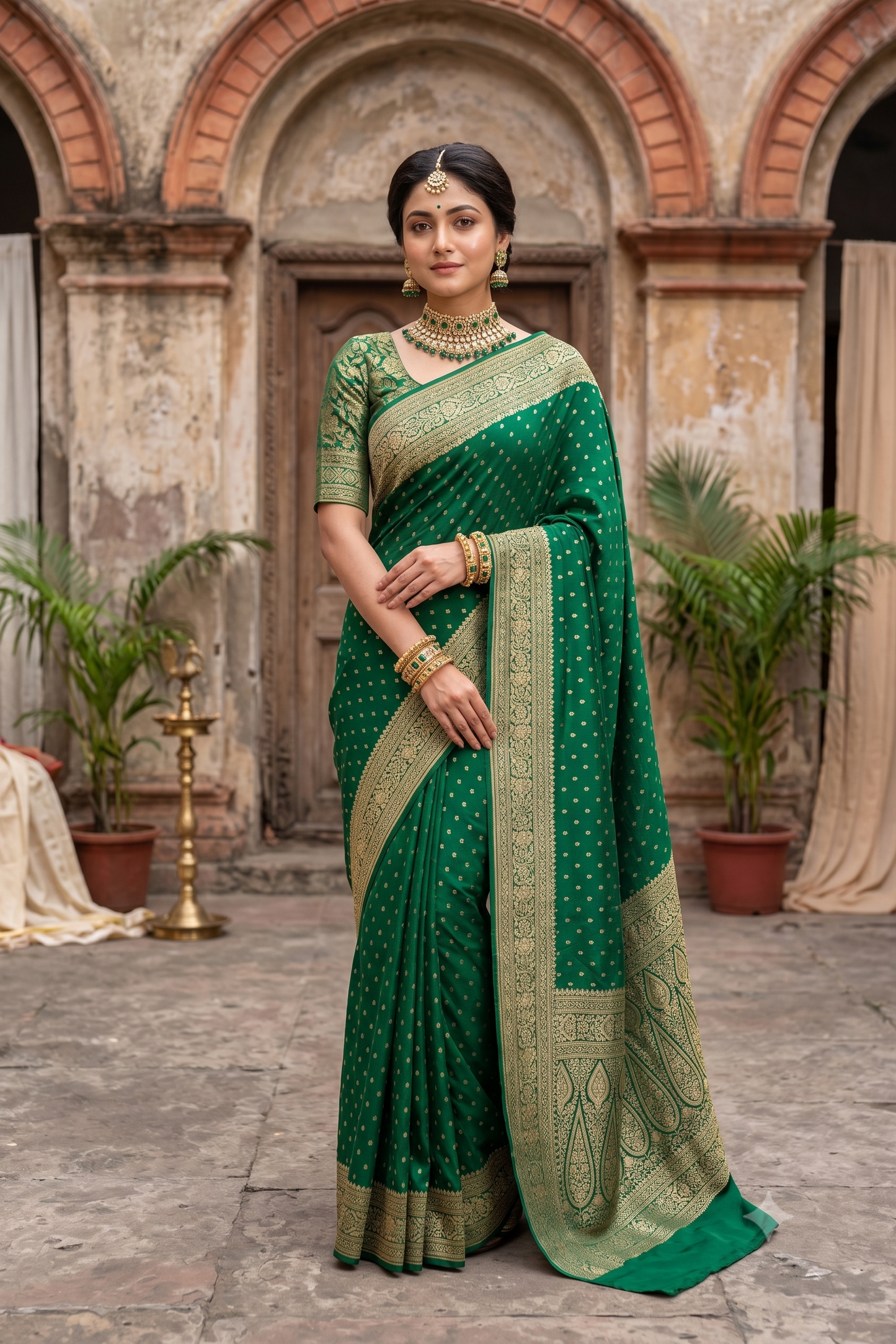 Deep Green Crepe Khaddi Banarasi Silk Saree With Unstiched Blouse