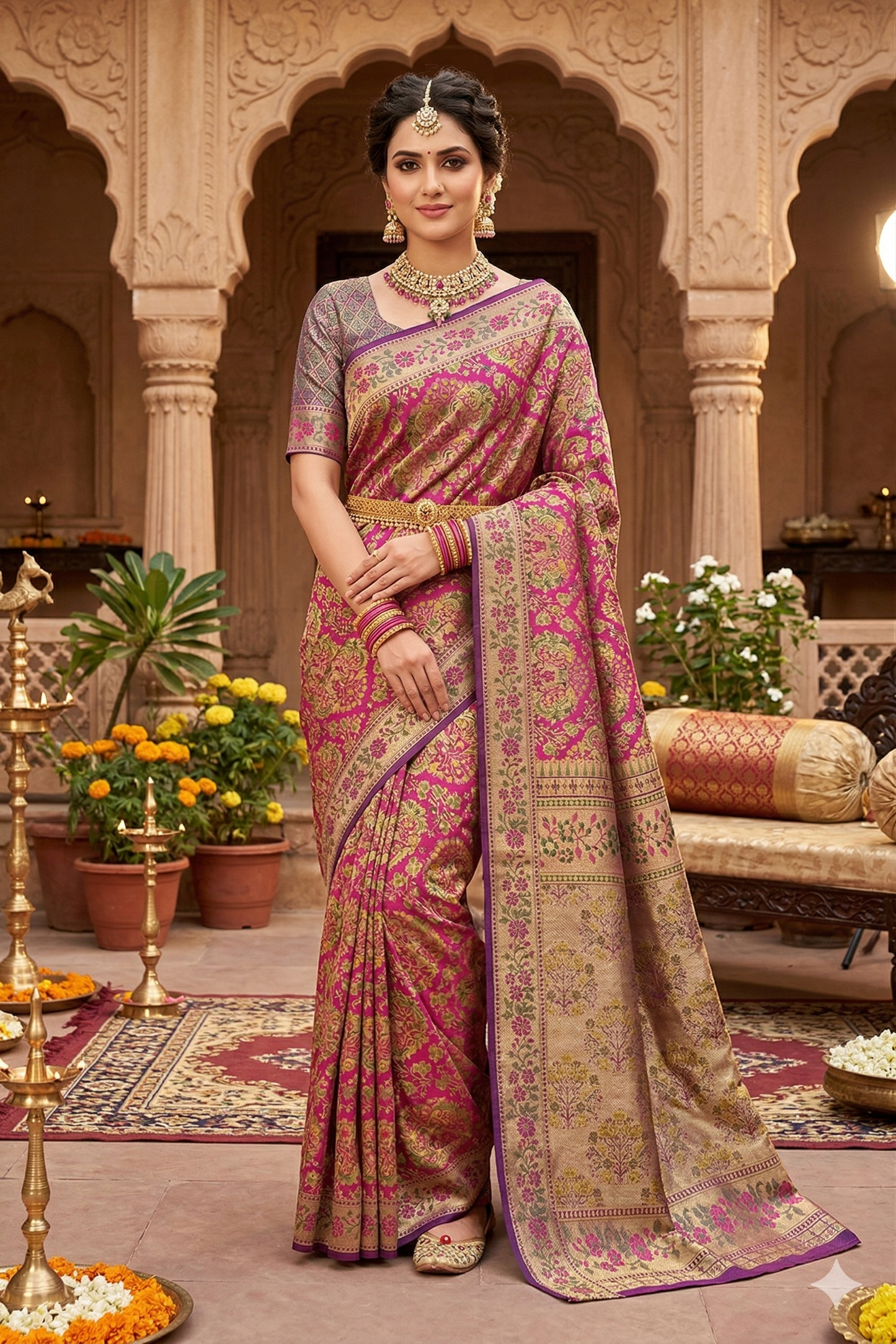 Deep purple Kanjeevaram silk saree with traditional gold zari border and matching unstiched blouse from Saarang Sarees.