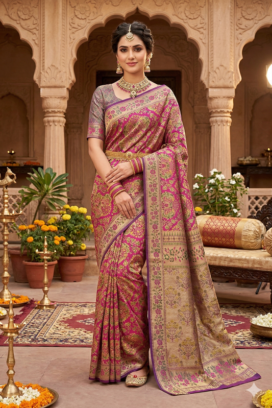 Deep purple Kanjeevaram silk saree with traditional gold zari border and matching unstiched blouse from Saarang Sarees.