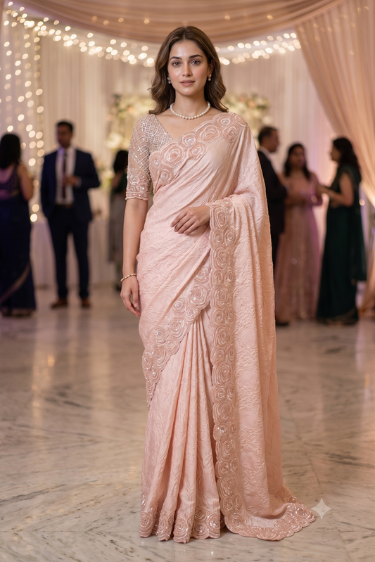 Light Peach Crush Silk Saree With Embroidery Border, With Unstiched Blouse