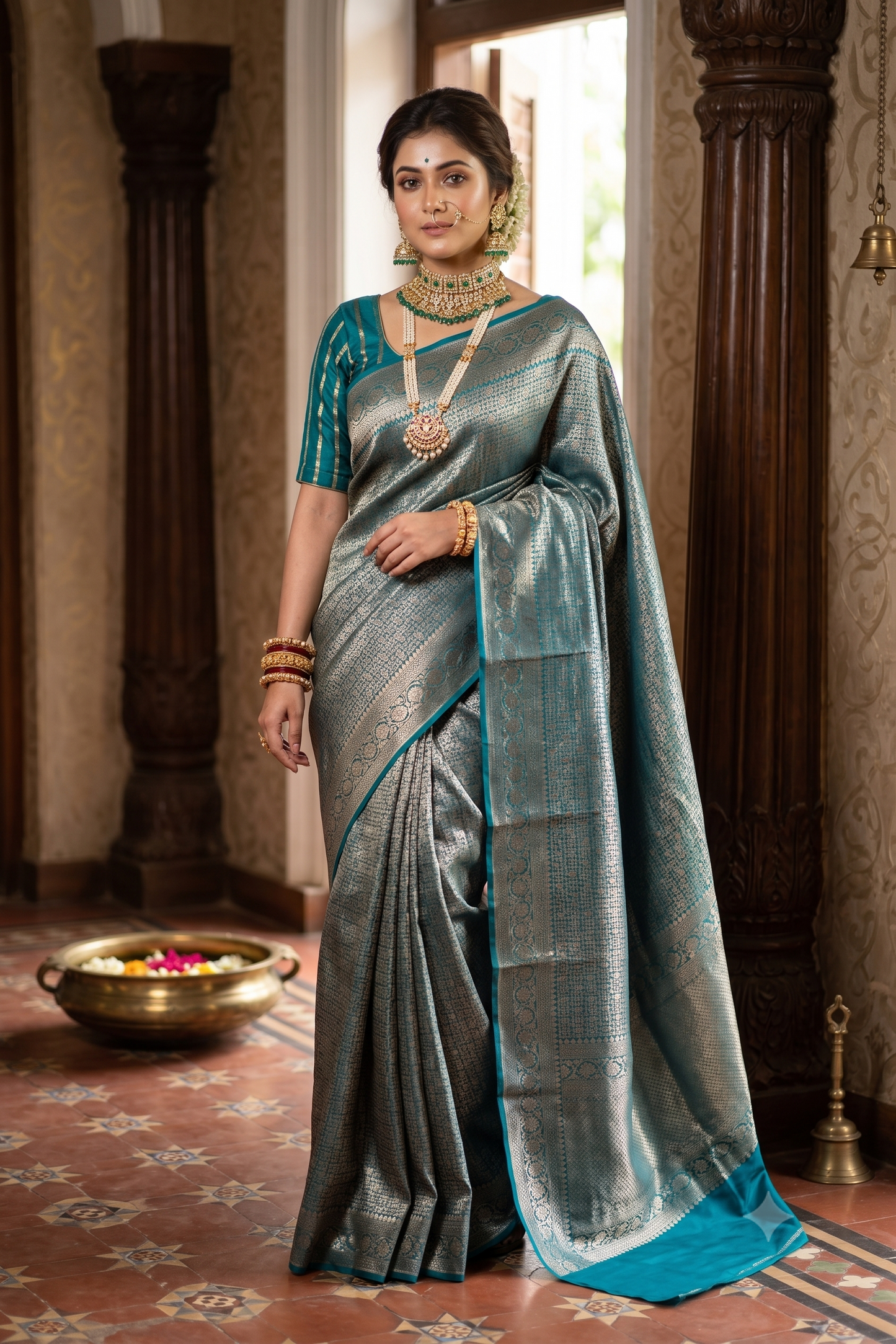 Royal Blue Brocade Kora Banarasi Silk Saree, With Unstiched Blouse