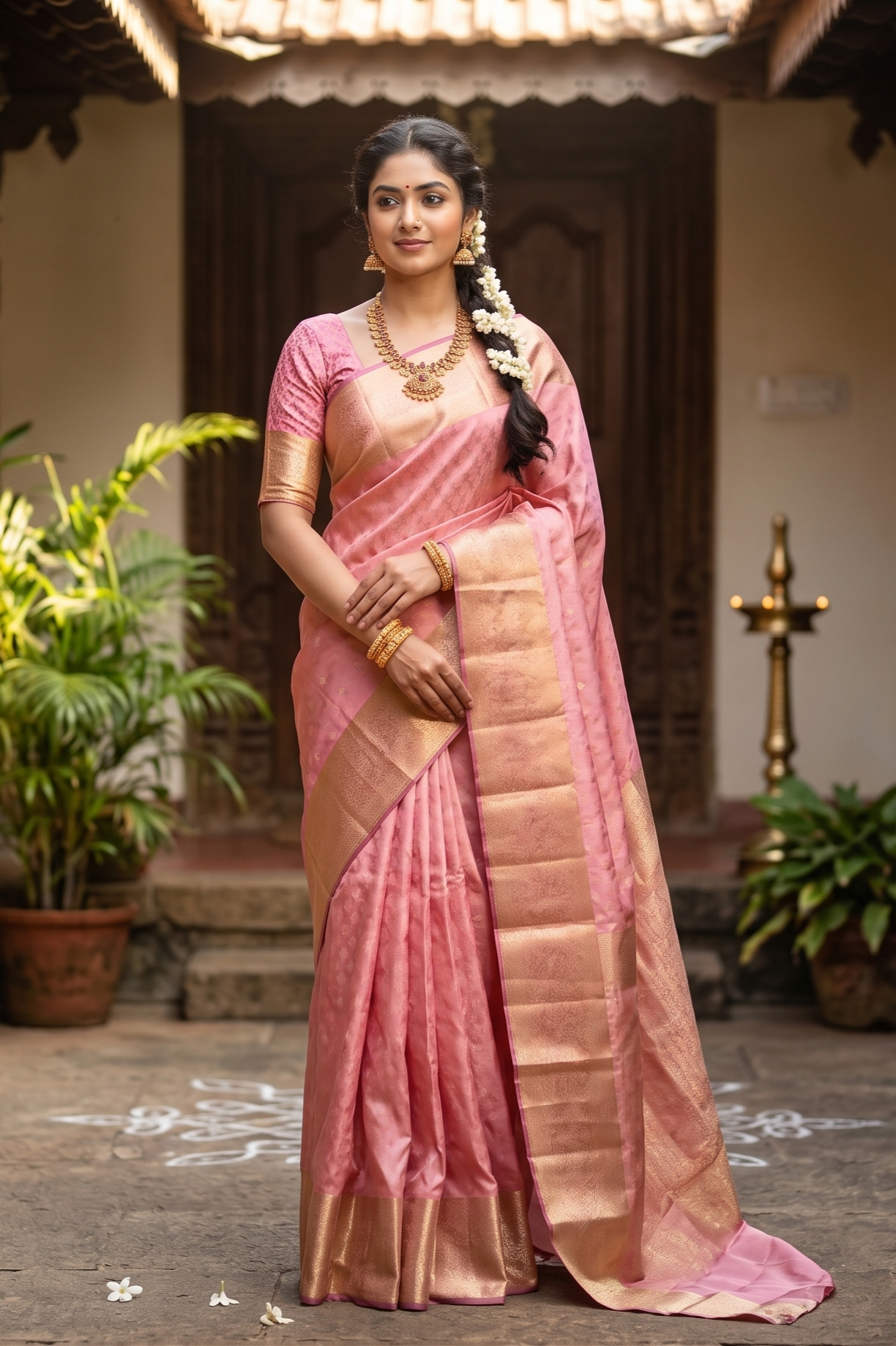 Pink Pure Kanjeevaram Silk Saree, With Unstiched Blouse