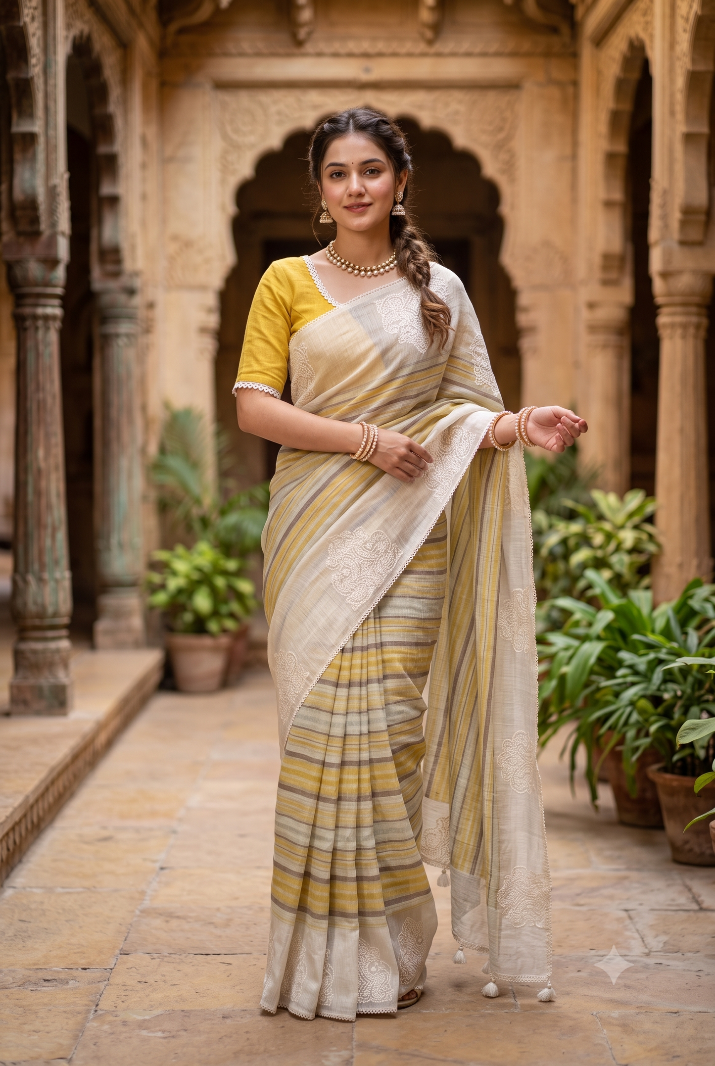 Off-White & Yellow Linen Embroidery Saree, With Unstiched Blouse