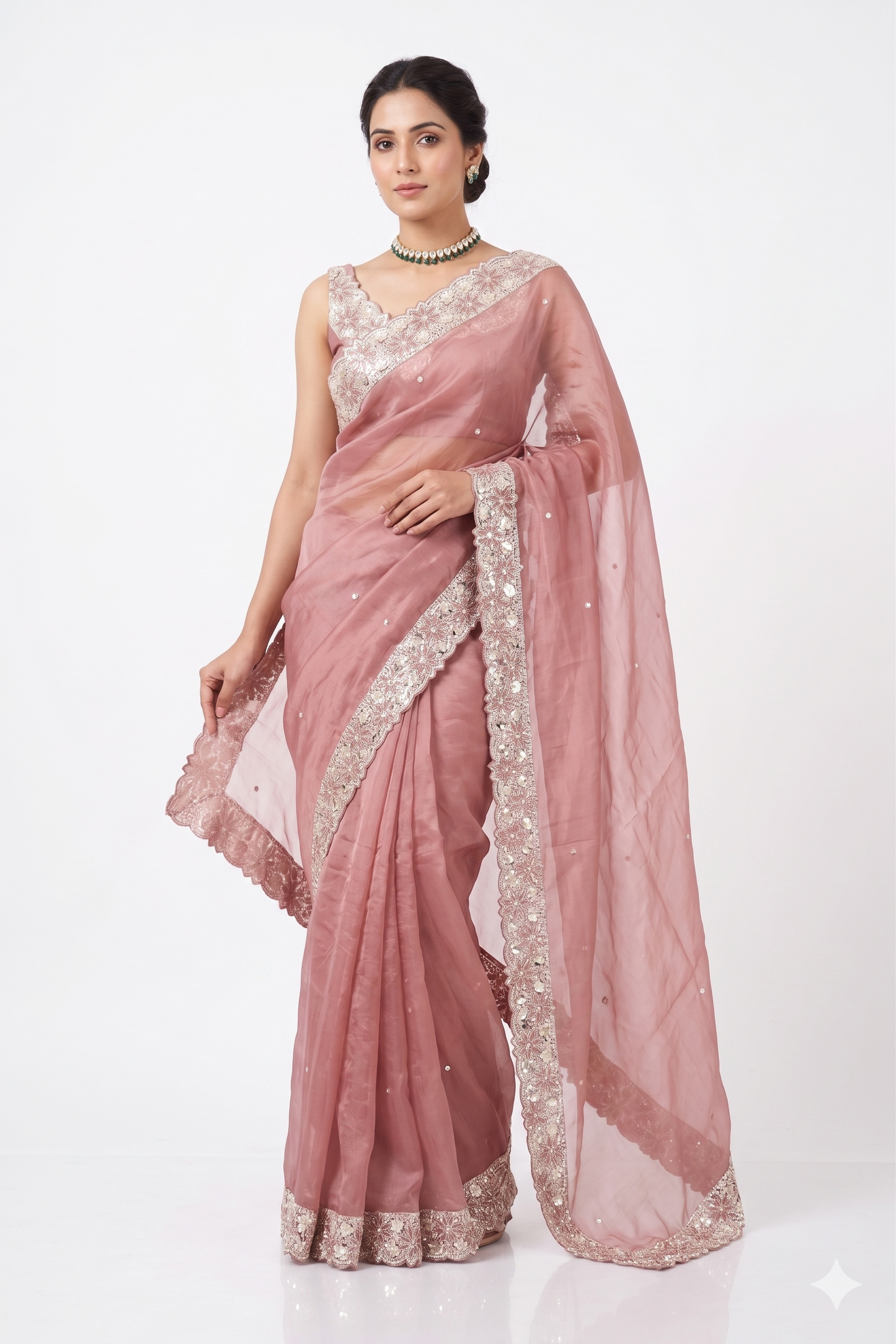 Dusty rose pink tissue organza silk saree with embroidery, party wear, includes unstiched blouse from Saarang Sarees.