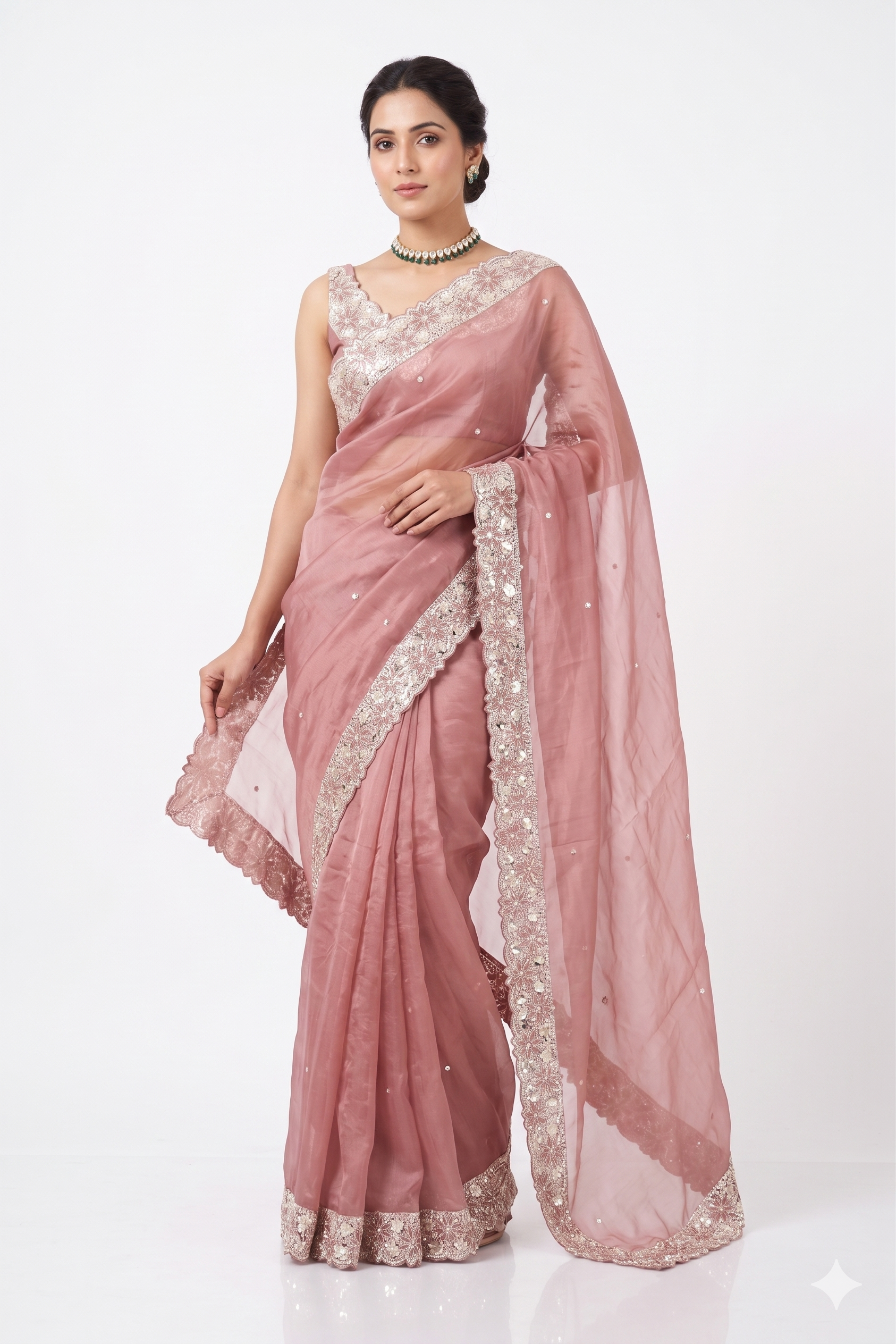 Dusty rose pink tissue organza silk saree with embroidery, party wear, includes unstiched blouse from Saarang Sarees.