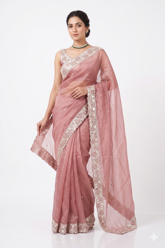 Dusty rose pink tissue organza silk saree with embroidery, party wear, includes unstiched blouse from Saarang Sarees.
