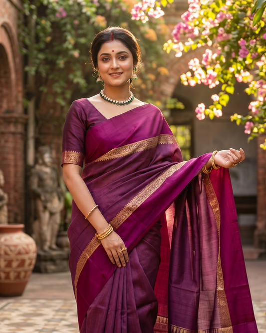 Purple Tussar Banarasi silk saree with handwoven motifs and an unstitched blouse, traditional wear by Saarang Sarees.