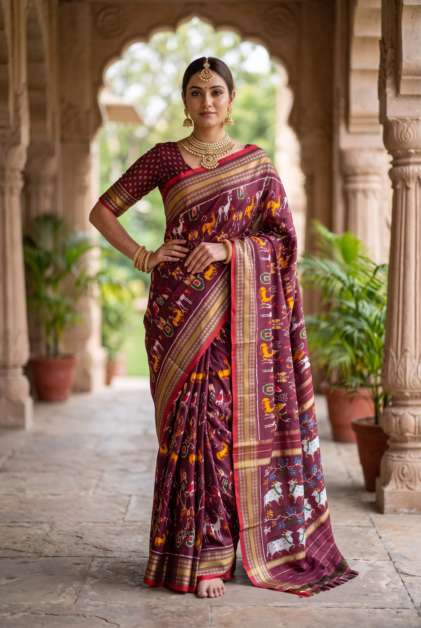 Brown Pochampally Ikat Silk Saree, With Unstiched Blouse