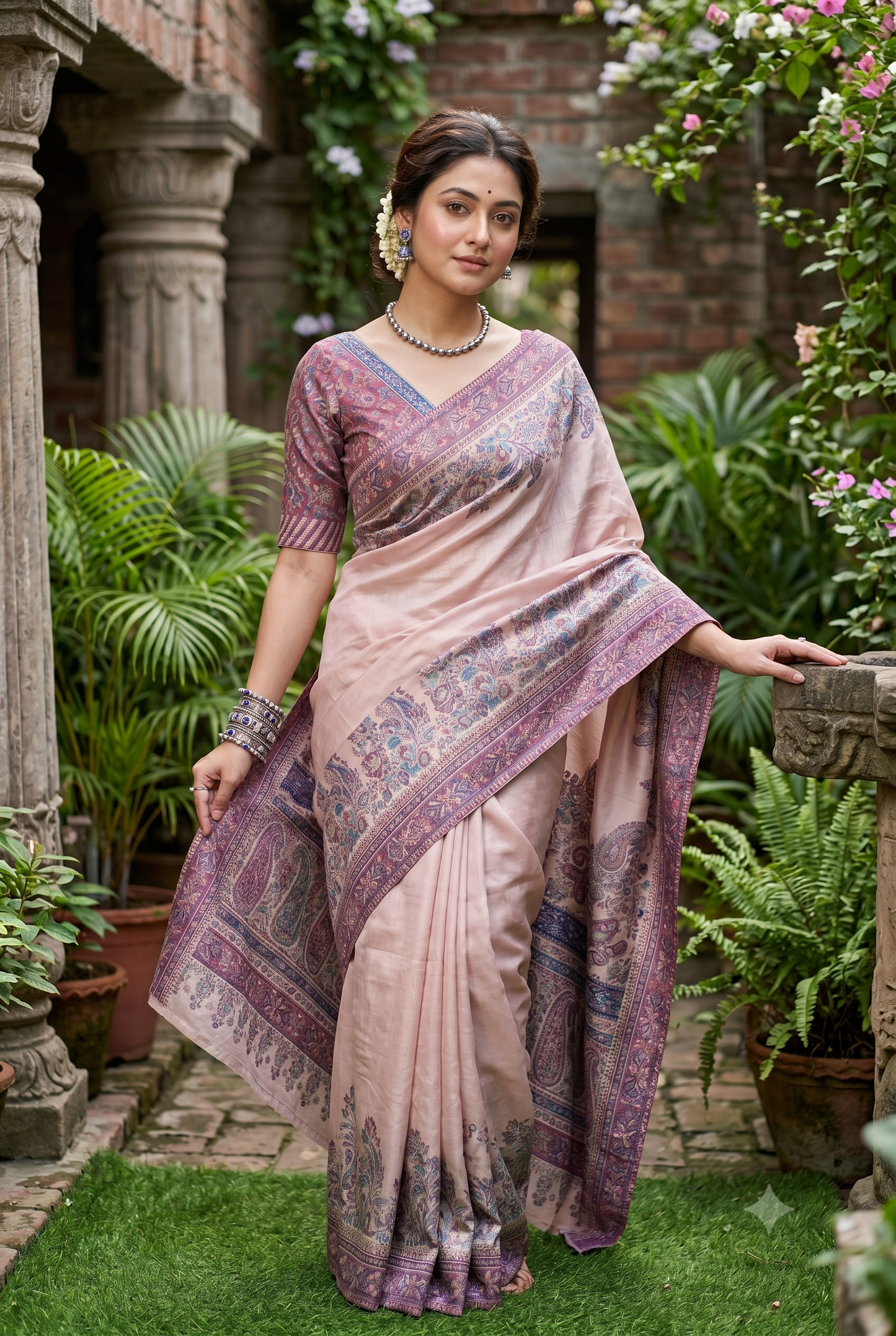 Cream Pure Kani Handloom Silk Saree With Floral Woven Blouse