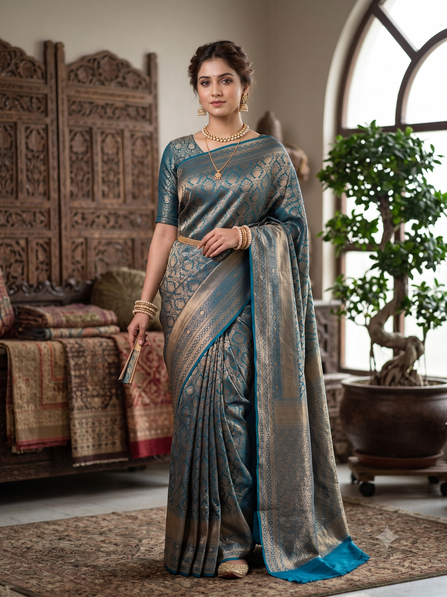 Deep Blue Mysore Crepe Silk Banarasi Saree, With Unstiched Blouse