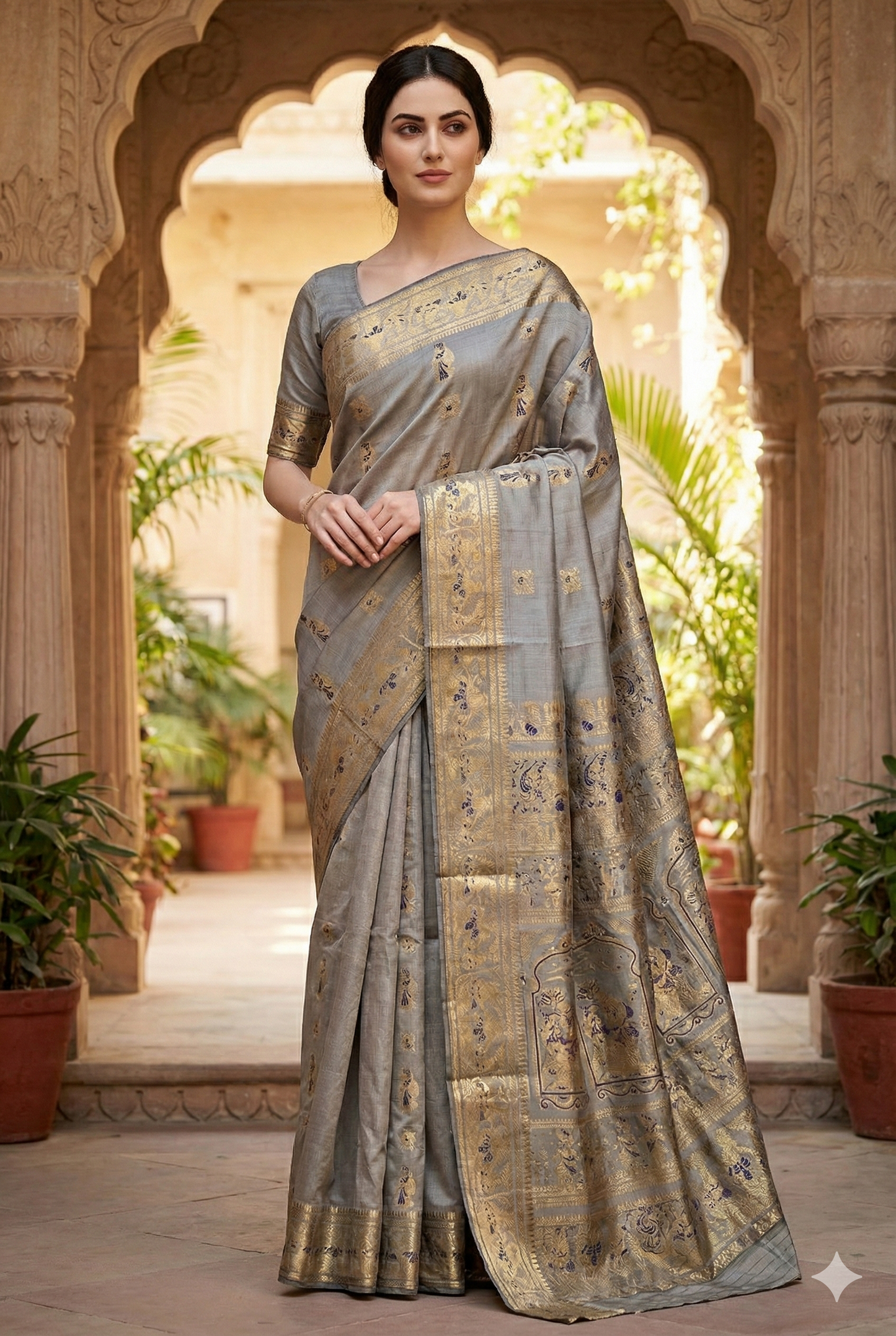 Grey Hand Woven Baluchari Silk Saree, With Unstihed Blouse