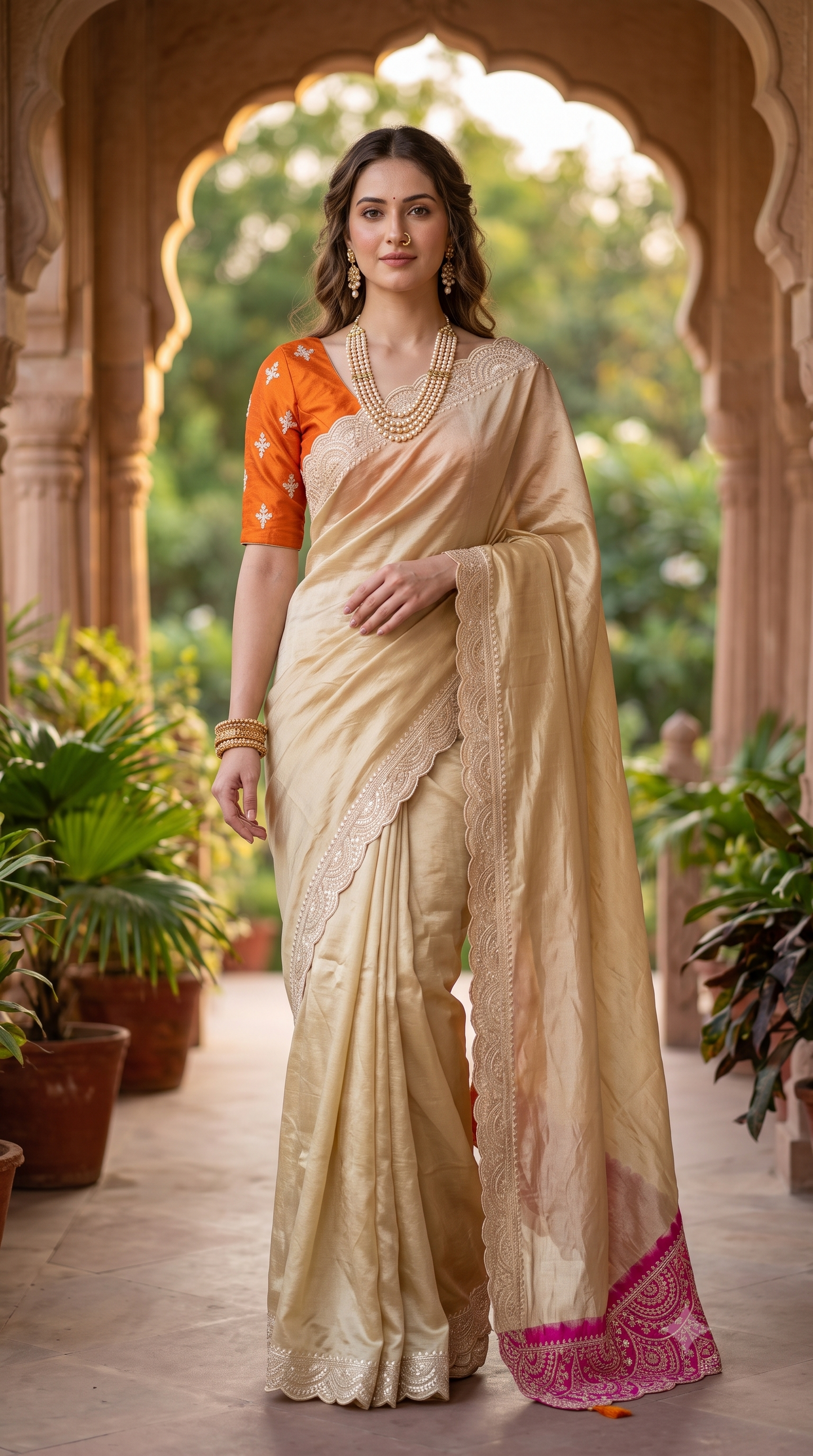 Golden Beige Tussar Silk Printed Saree With Aari Work Border, With Unstiched Blouse
