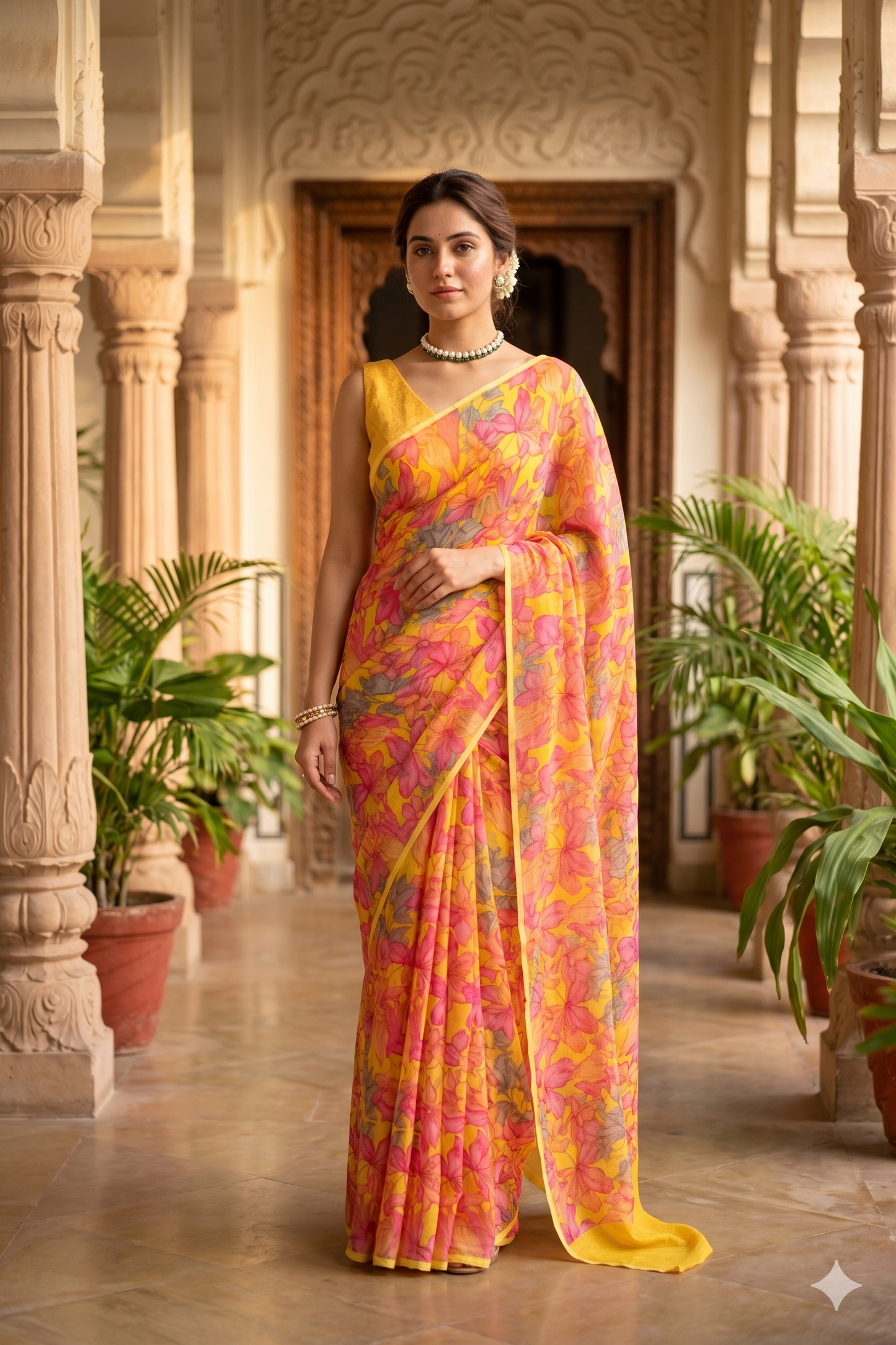 Yellow Floral Printed Chiffon Saree, With Unstiched Blouse Piece