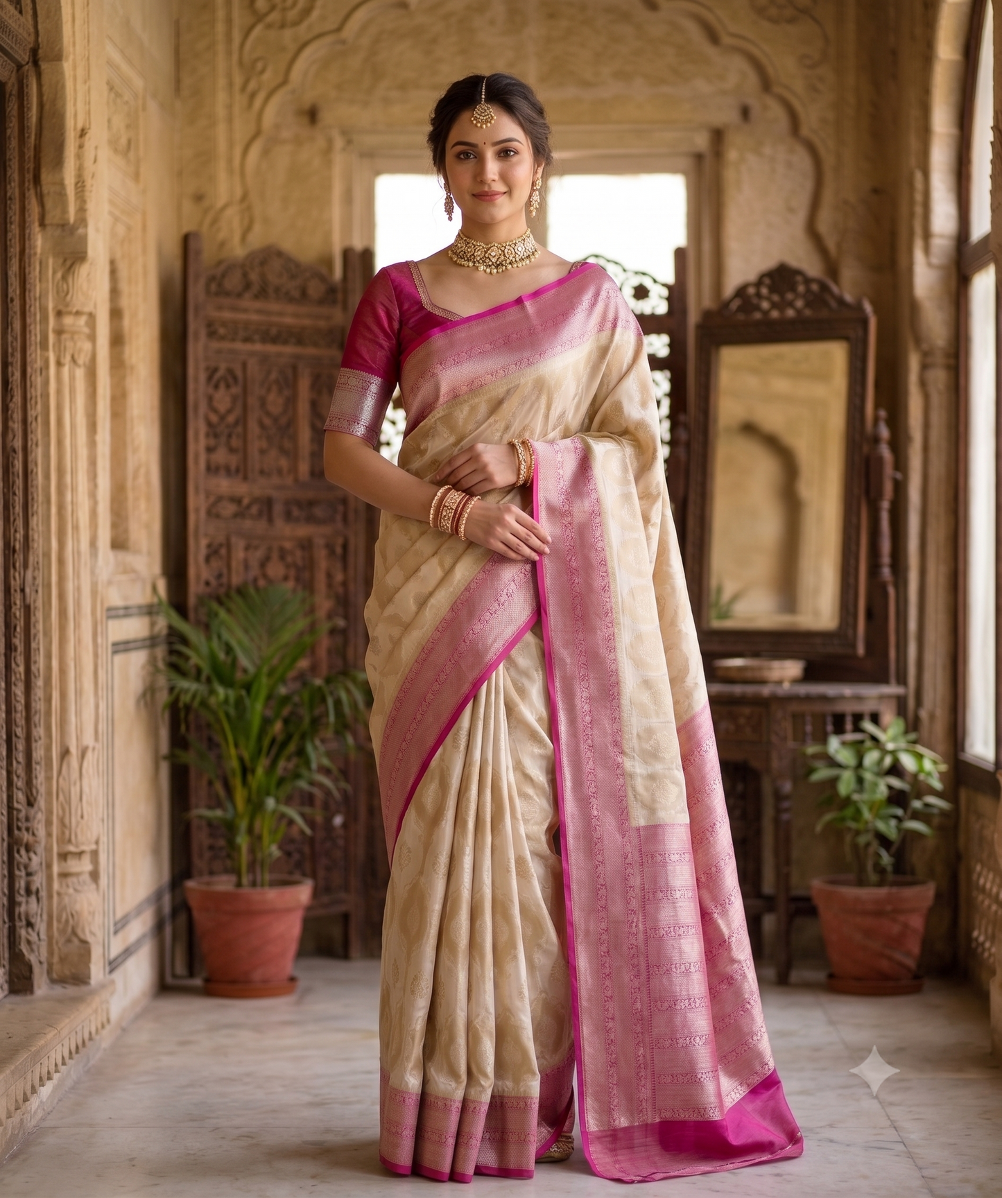 Off-White Tissue Banarasi Silk Saree, With Unstiched Blouse