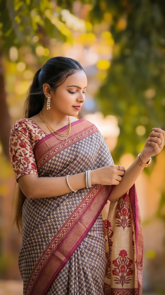 Blue Munga silk printed saree with kantha work and unstitch blouse, traditional wear by Saarang Sarees.