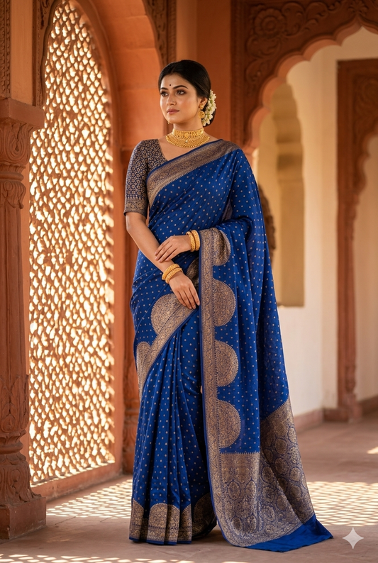 Blue crepe Khaddi Banarasi silk saree with intricate gold zari work and matching unstiched blouse for traditional wear.