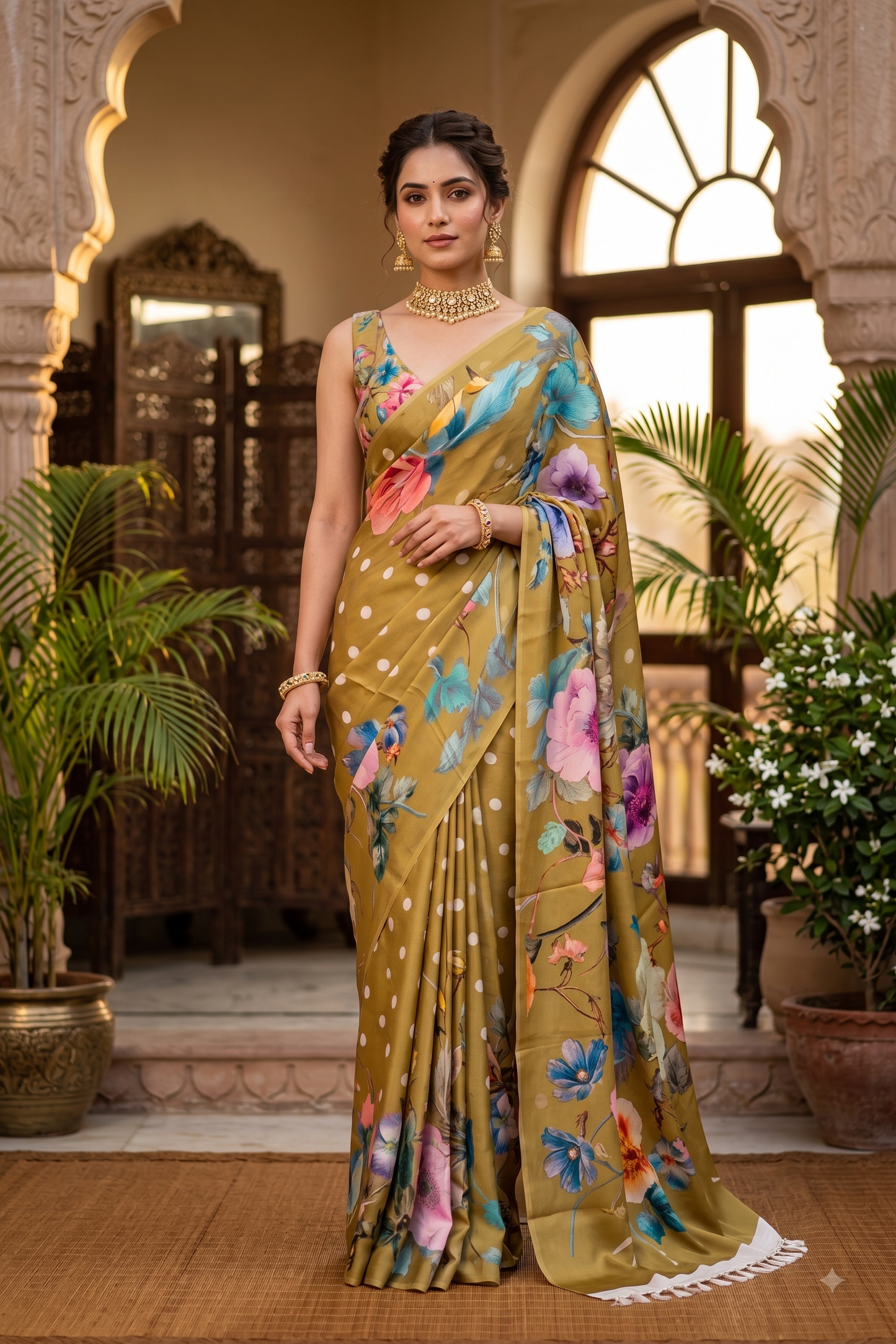 Khaki Floral Printed Satin Crepe Saree, With Unstiched Blouse