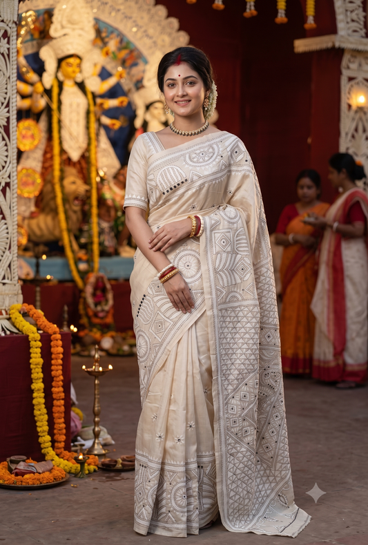 Beige Tussar Embroidery Saree With Kantha Work Border, With Unstitched Blouse
