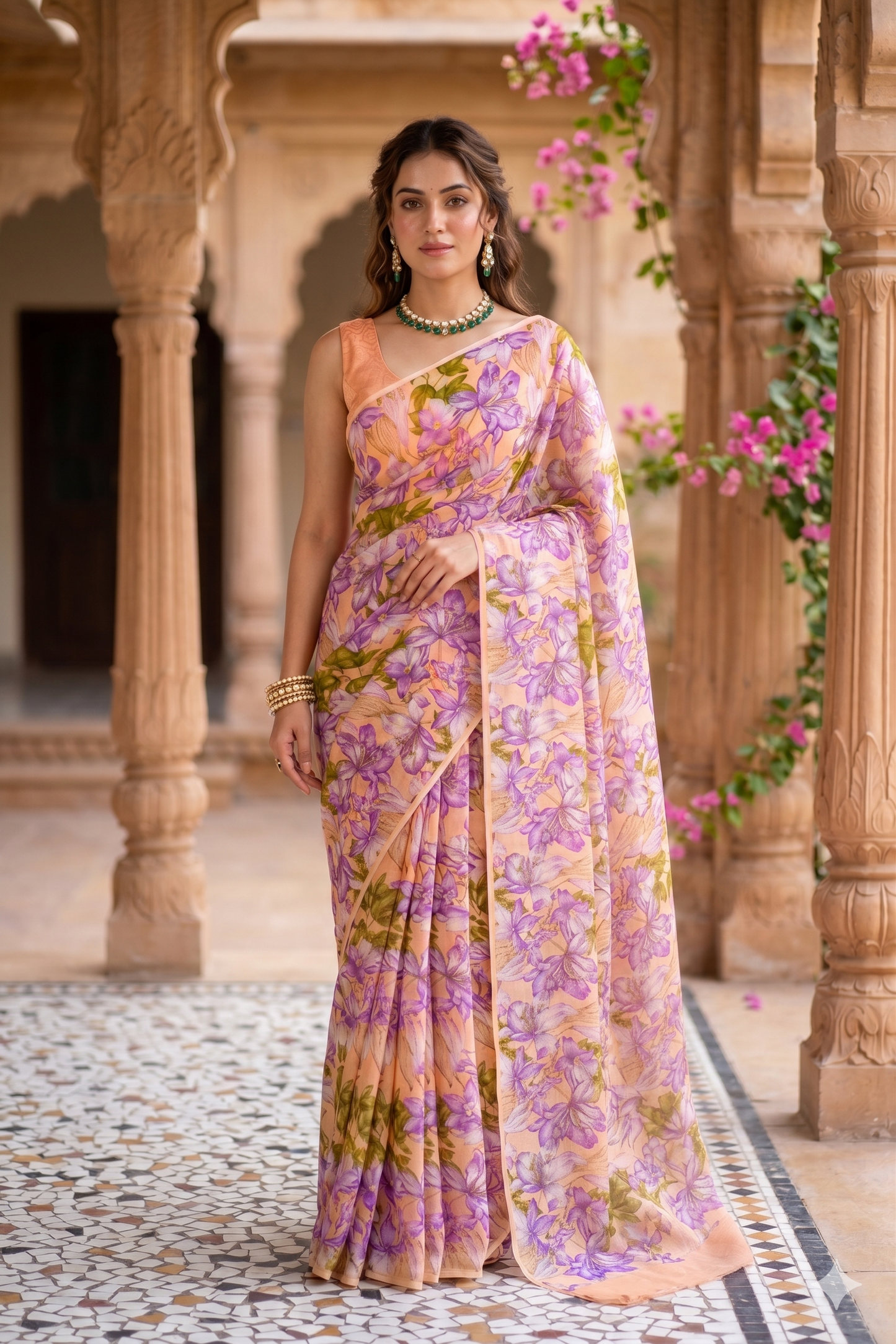 Light Copper Mauve Floral Printed Chiffon Saree, With Unstiched Blouse Piece