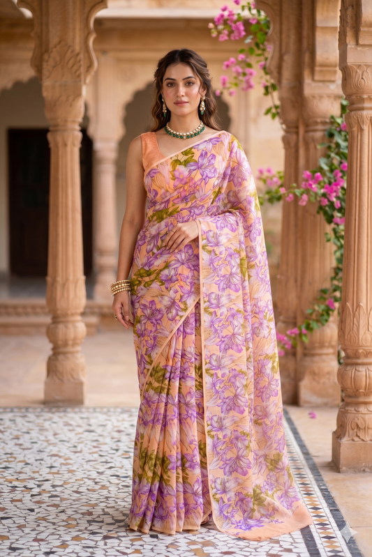 Light copper mauve floral printed chiffon saree with unstiched blouse piece for party wear, by Saarang Sarees.