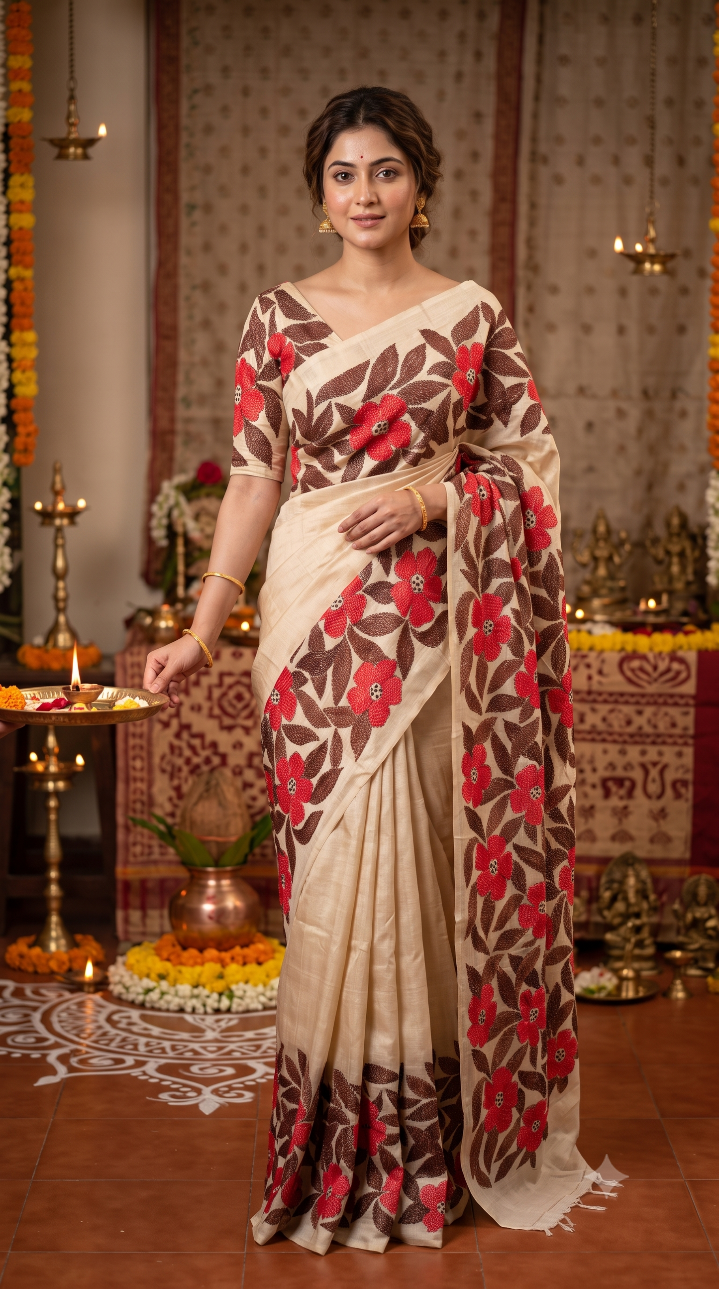 Off-White Tussar Embroidery Saree With Kantha Work Border, With Unstitched Blouse