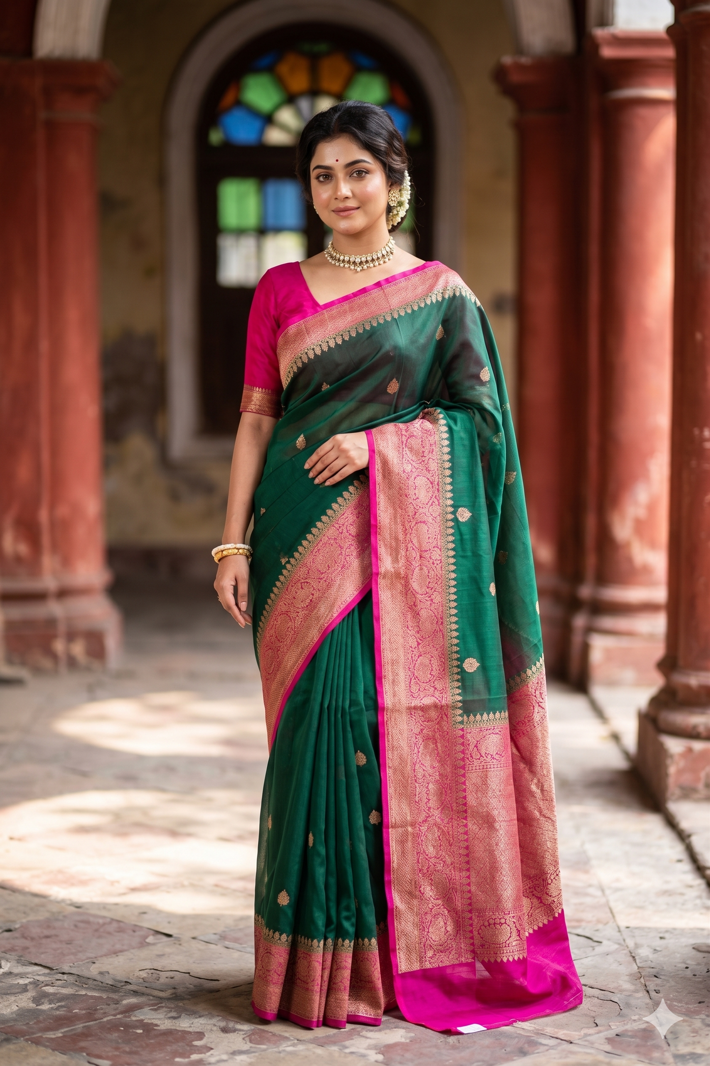 Bottle Green Kora Banarasi Silk Saree, With Unstiched Blouse
