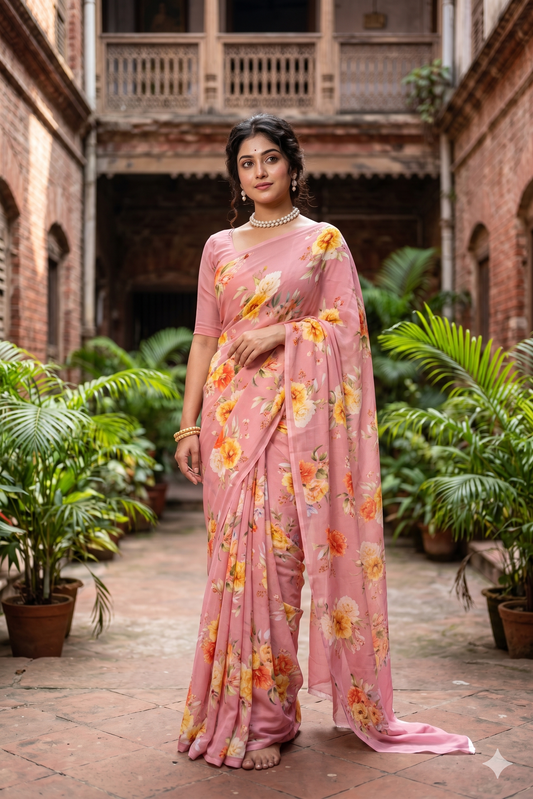 Pink floral printed chiffon saree with unstiched blouse piece, perfect for party wear by Saarang Sarees.