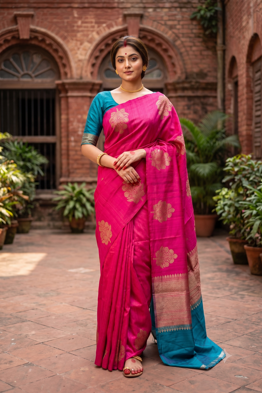 Rani Pure Raw Tussar Banarasi Silk Saree, Hand Woven Motifs With Unstiched Blouse