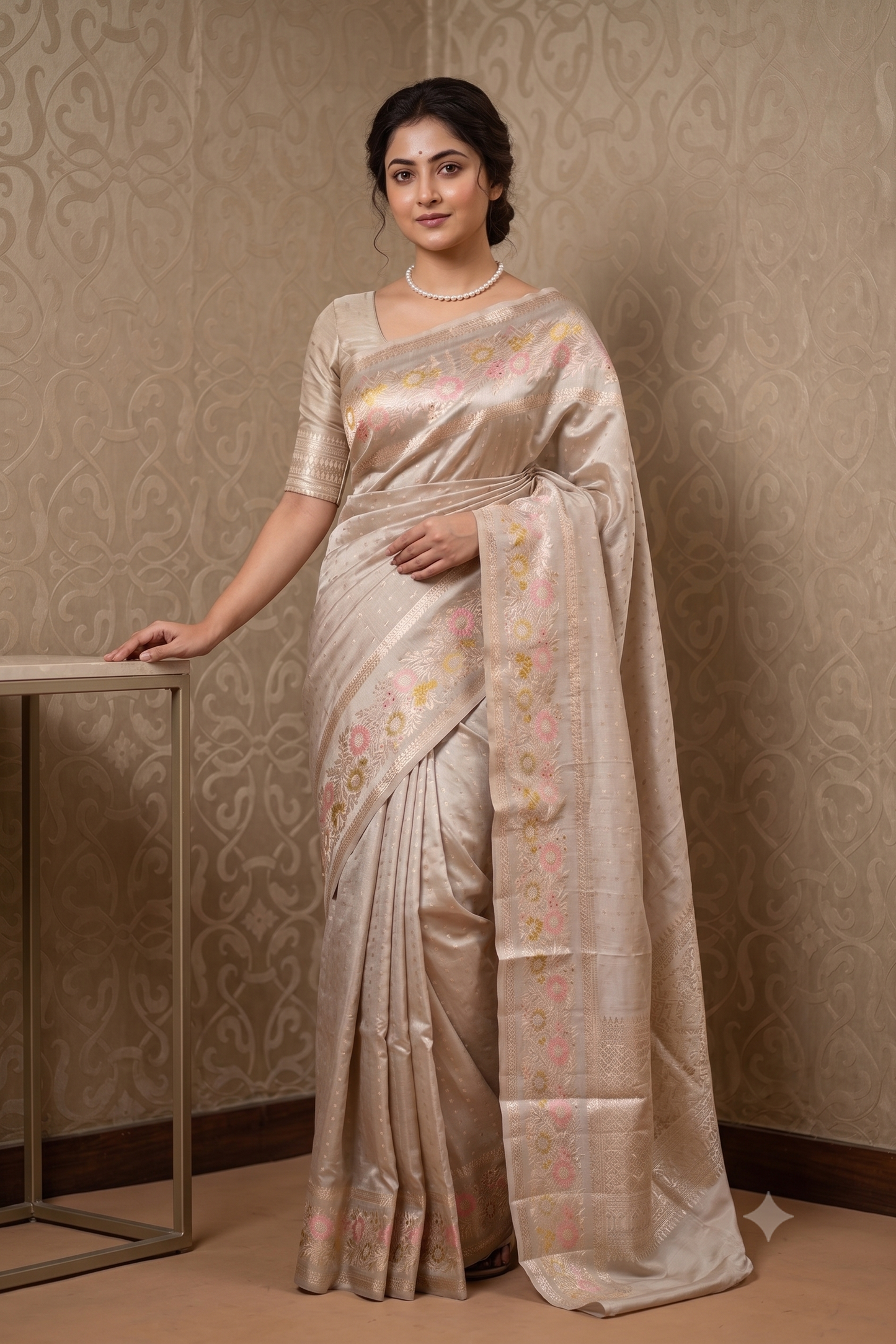 Light Grey Chiniya Silk Saree Hand Woven Butas, With Unstiched Blouse