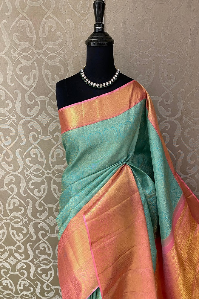 Firozi Pure Kanjeevaram Silk Saree, With Unstiched Blouse
