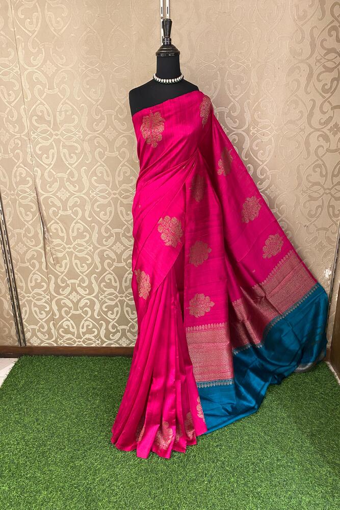 Rani Pure Raw Tussar Banarasi Silk Saree, Hand Woven Motifs With Unstiched Blouse