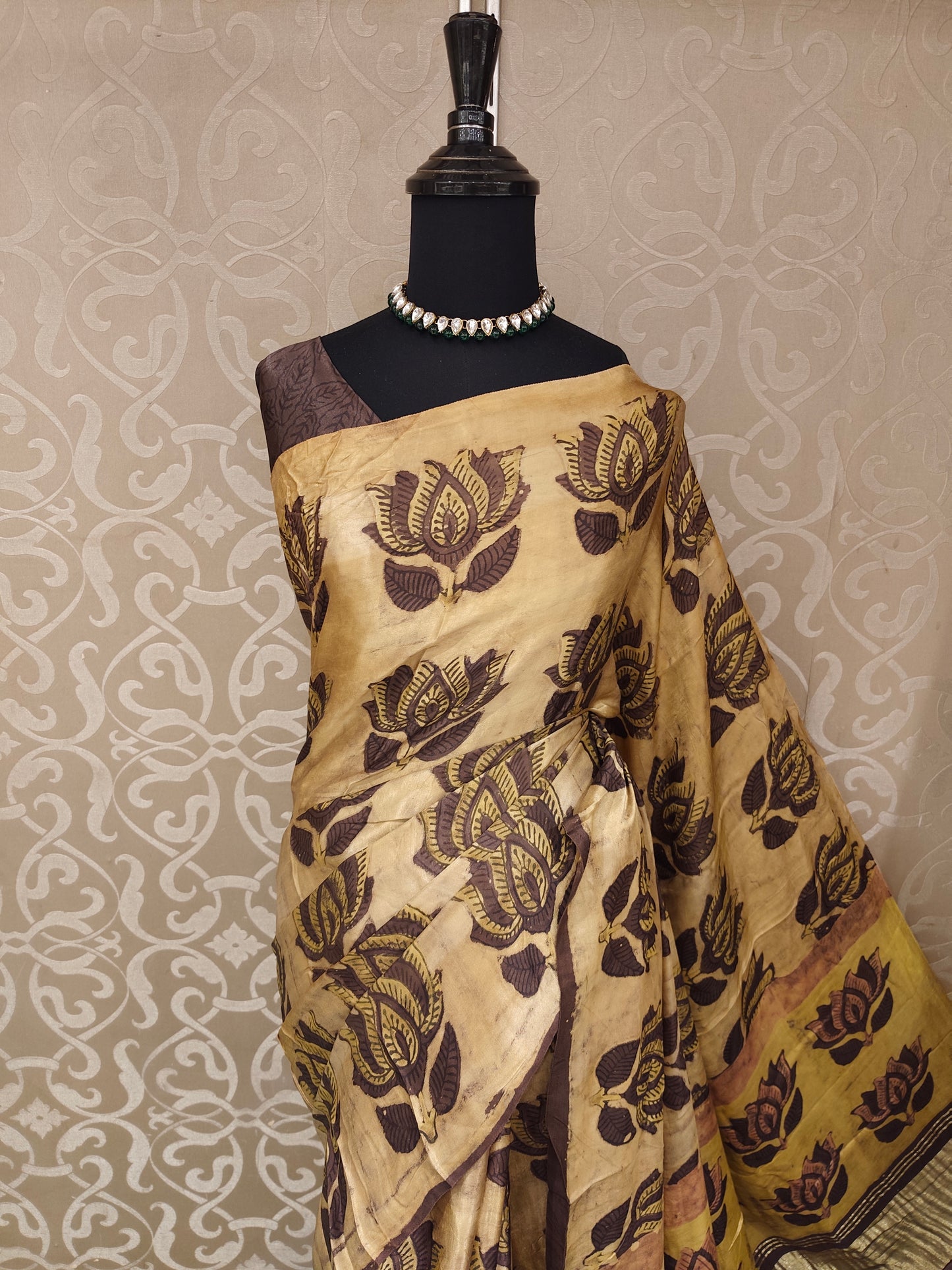 Beige Pure Modal Silk Ajrakh Printed Saree With Unstich Blouse