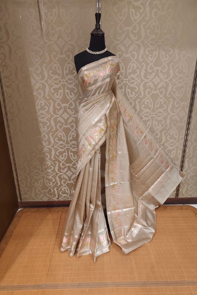 Light Grey Chiniya Silk Saree Hand Woven Butas, With Unstiched Blouse