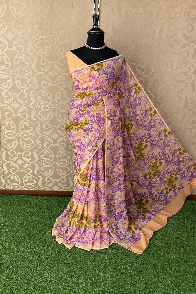 Light Copper Mauve Floral Printed Chiffon Saree, With Unstiched Blouse Piece