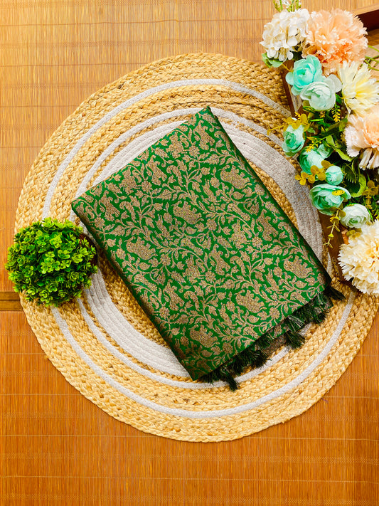 Green Semi Katan Brocade Silk Saree, With Unstiched Blouse