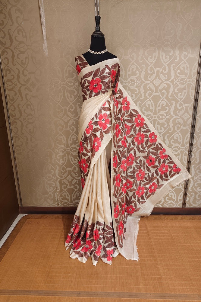 Off-White Tussar Embroidery Saree With Kantha Work Border, With Unstitched Blouse