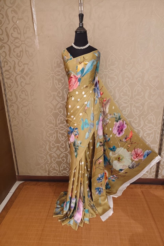 Khaki Floral Printed Satin Crepe Saree, With Unstiched Blouse