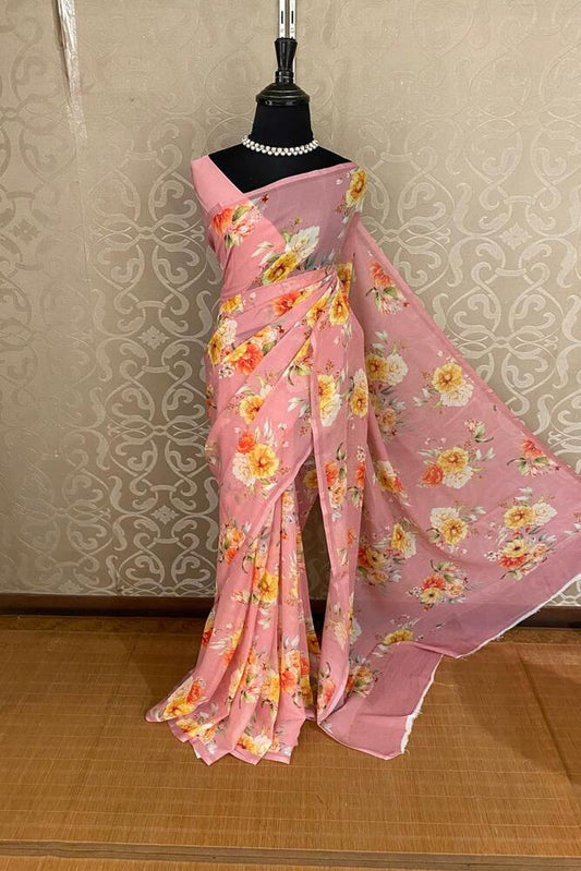 Pink floral printed chiffon saree with unstiched blouse piece, ideal for party wear, by Saarang Sarees.