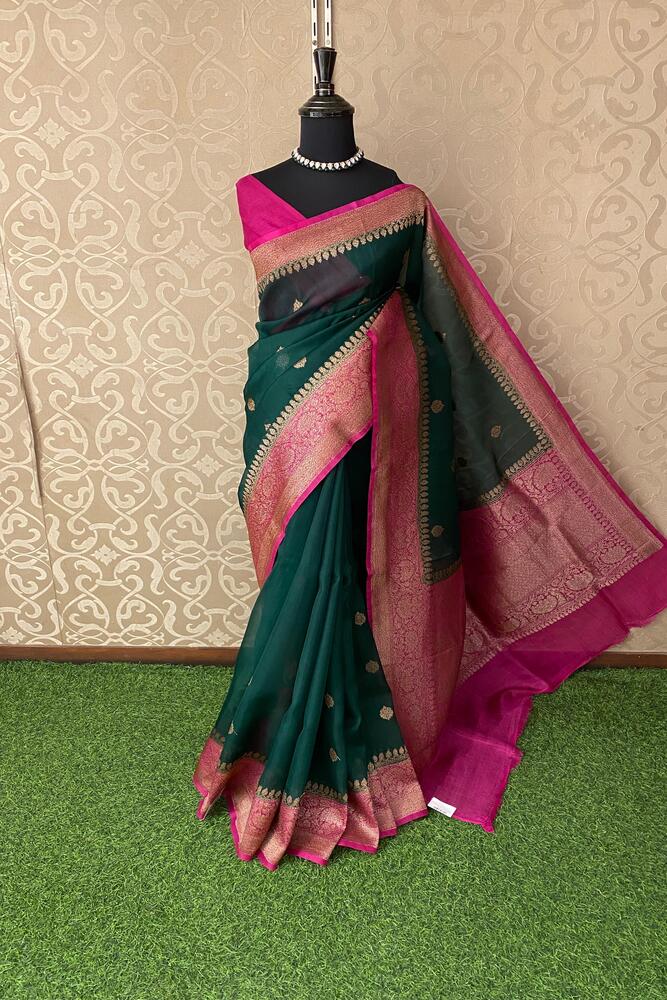 Bottle Green Kora Banarasi Silk Saree, With Unstiched Blouse