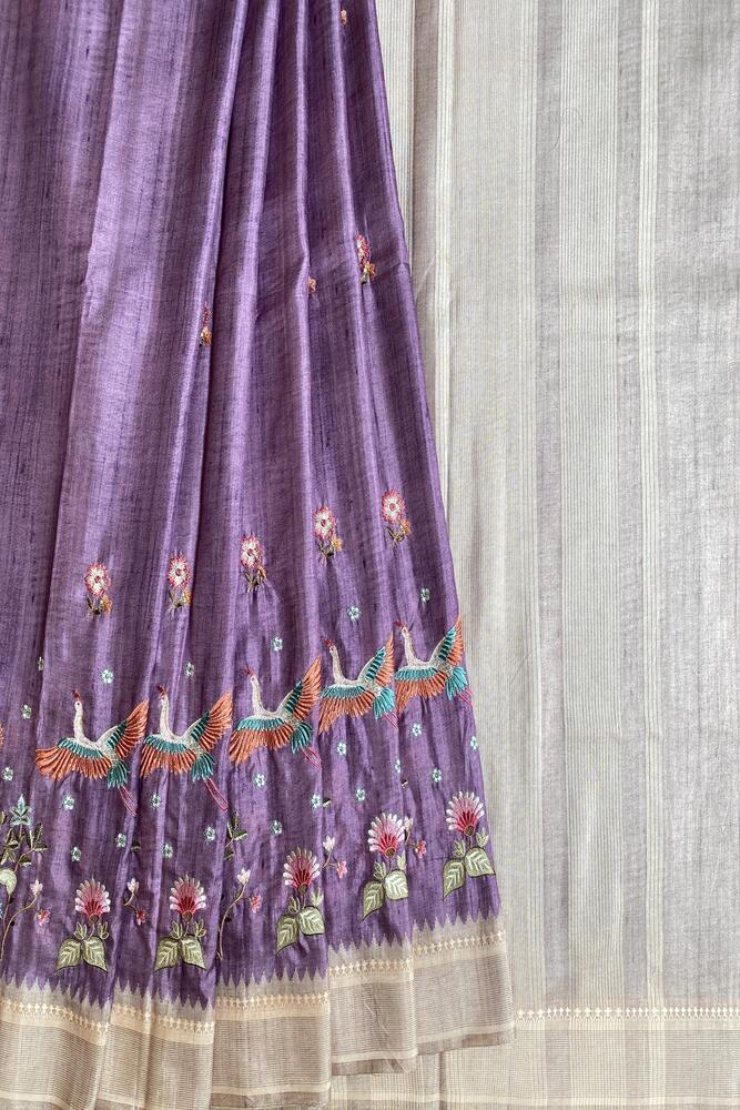 Purple Tussar Cotton Resham Work Saree, With Unstiched Blouse