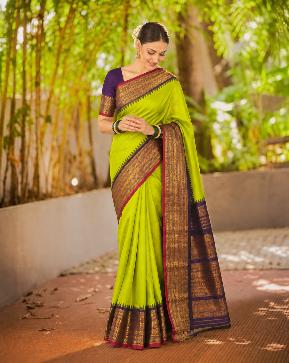 Lime Green Gadwal Silk Sarees With Unstiched Blouse